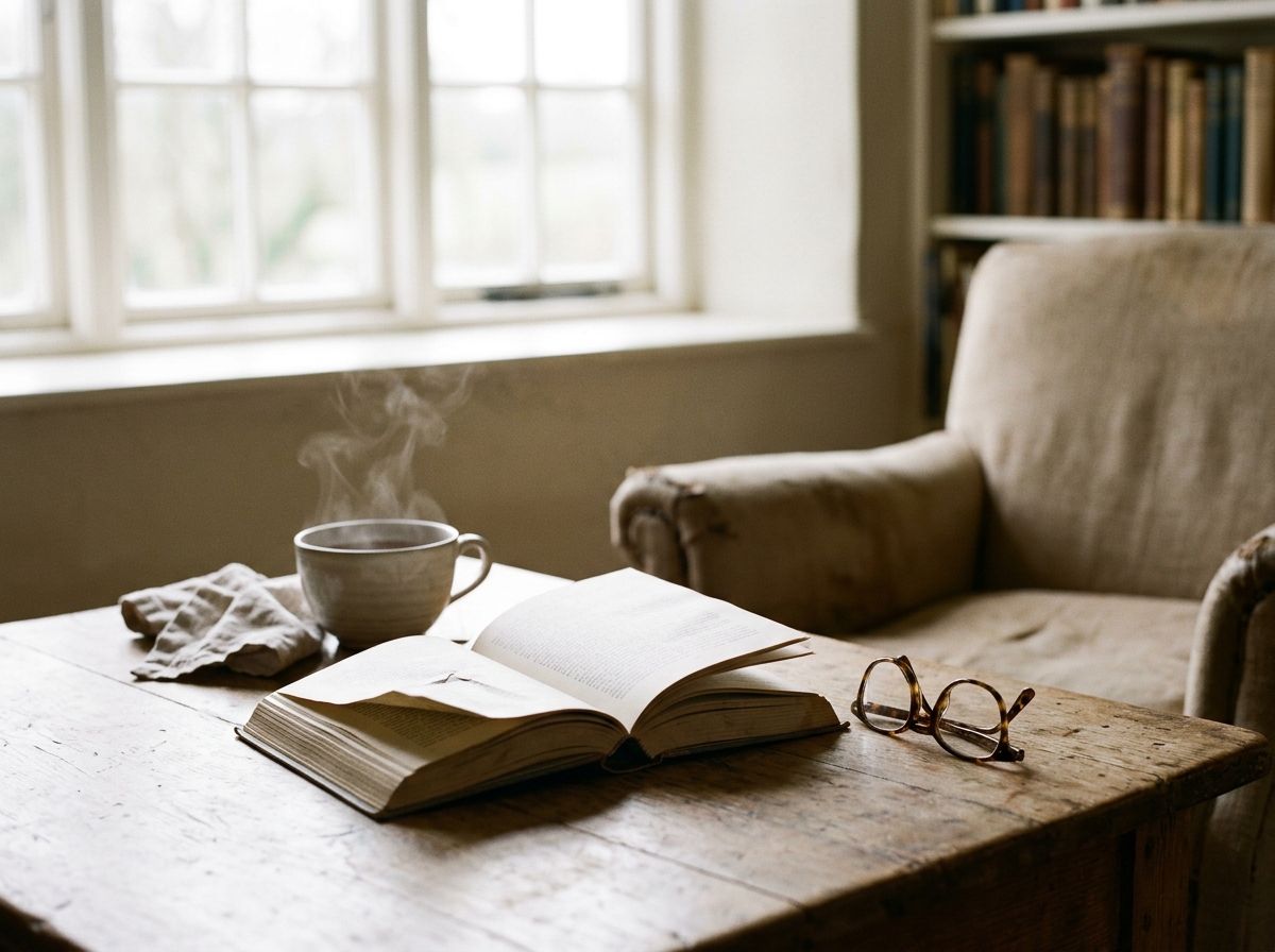 An open book, a steaming cup and a pair of glasses on a low table in front of a worn armchair and a bright window.