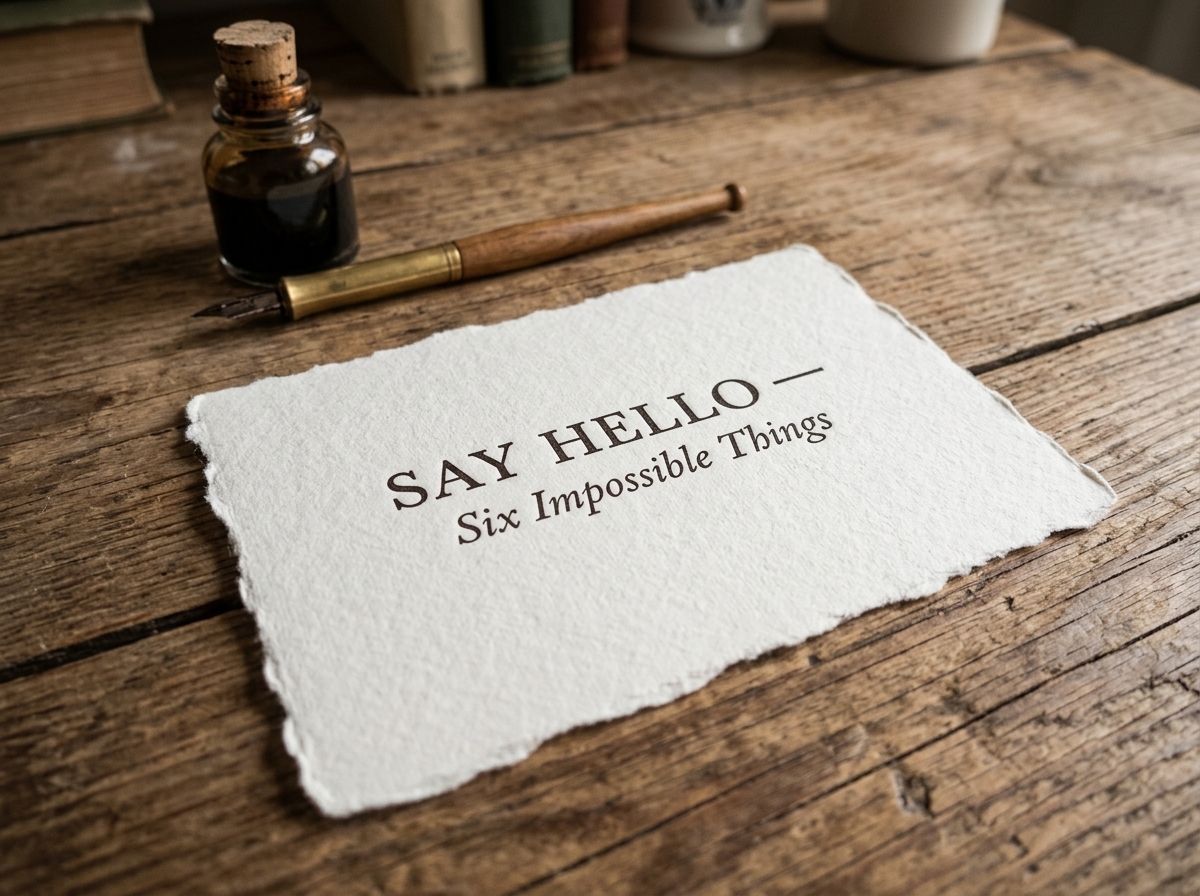 A handmade paper card printed with Say hello, Six Impossible Things, beside an ink bottle and a brass-banded pen on a wooden desk.