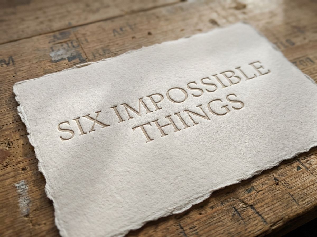 A thick cotton-rag card with softly pressed lettering that reads Six Impossible Things, resting on a wooden table in morning light.