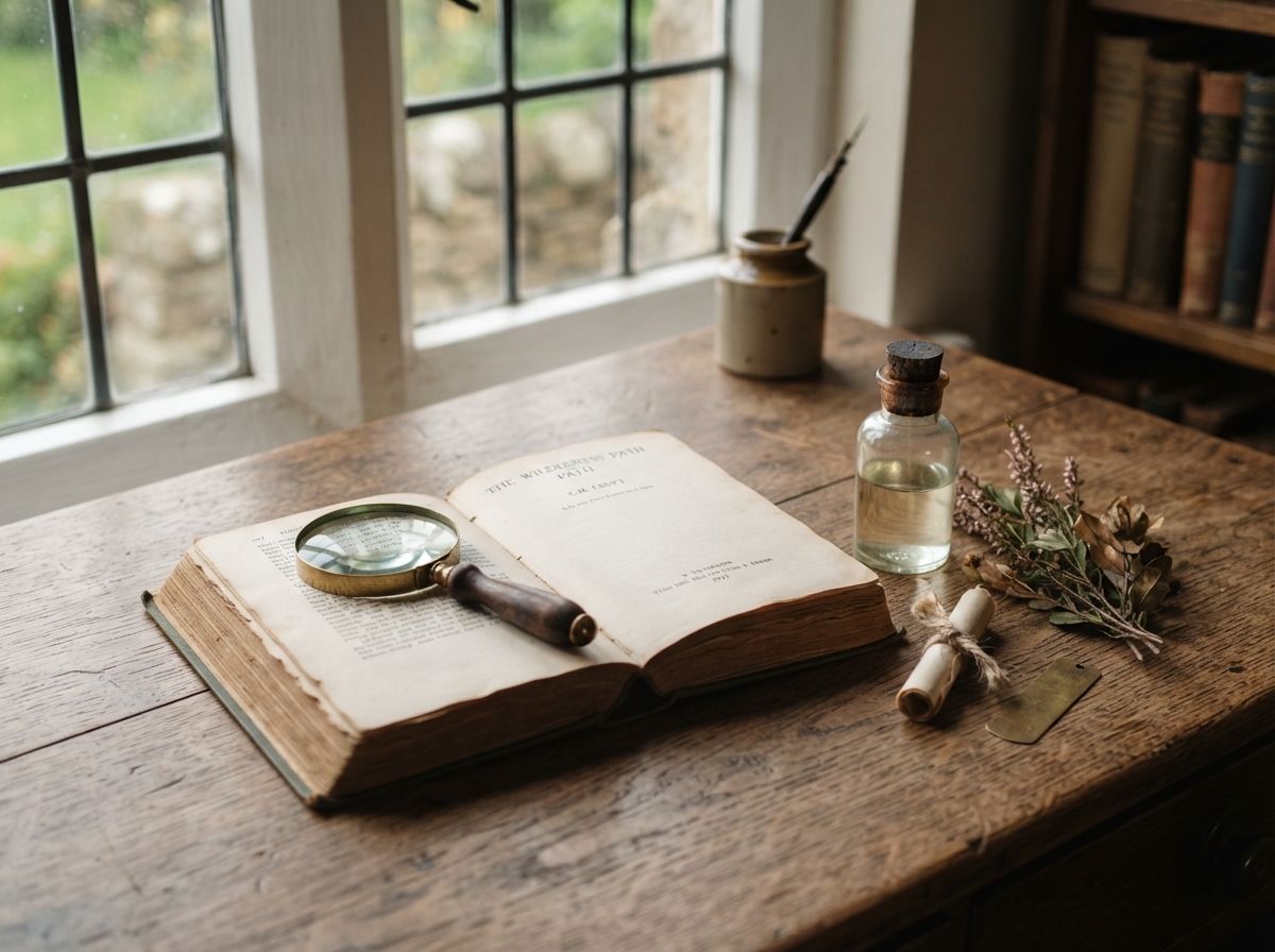 A wooden desk by a leaded window, with an open old book, a brass magnifying glass, an ink pot, a small glass bottle and dried herbs.