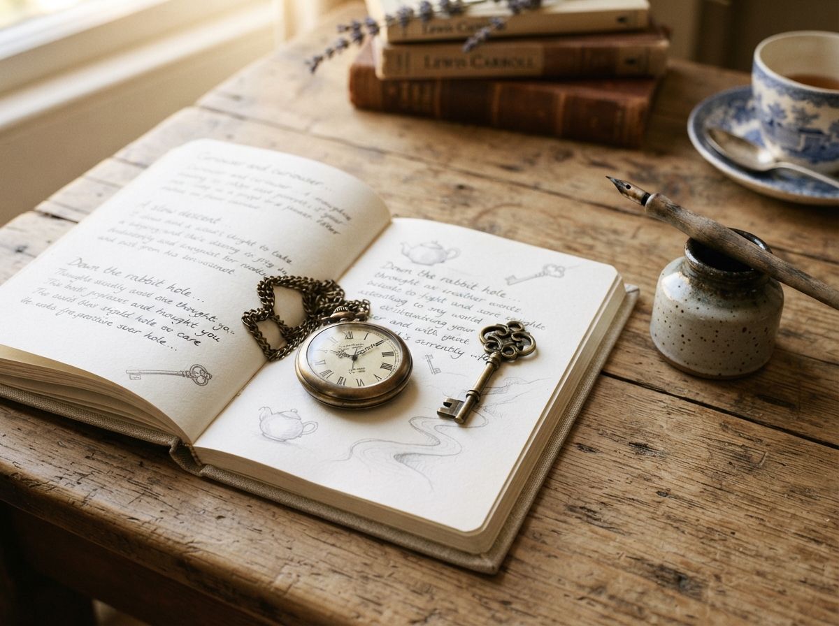 An open handwritten journal with a pocket watch and an old brass key on the page, a teacup and a stack of books by Lewis Carroll behind.