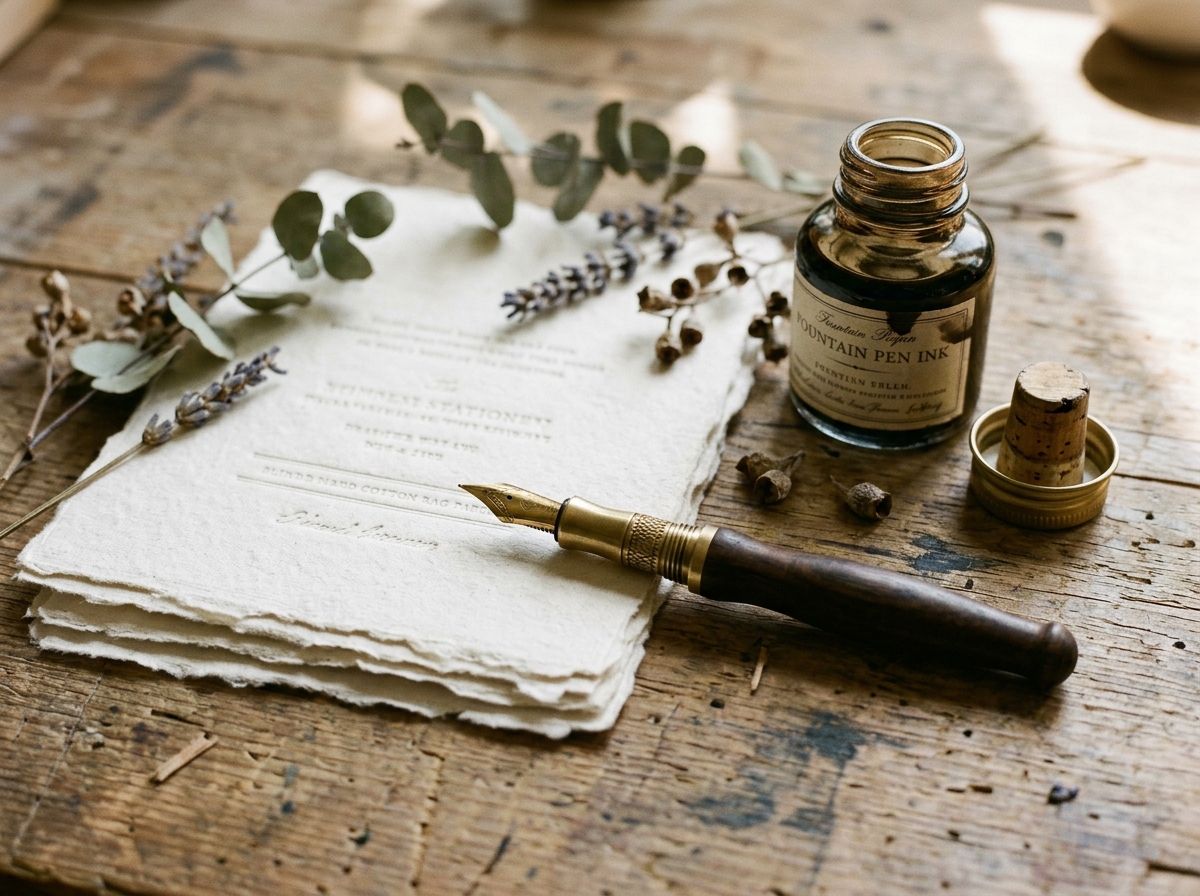 Handmade letterpress paper with sprigs of eucalyptus and lavender, an ink bottle with a cork and a fountain pen on a rustic table.
