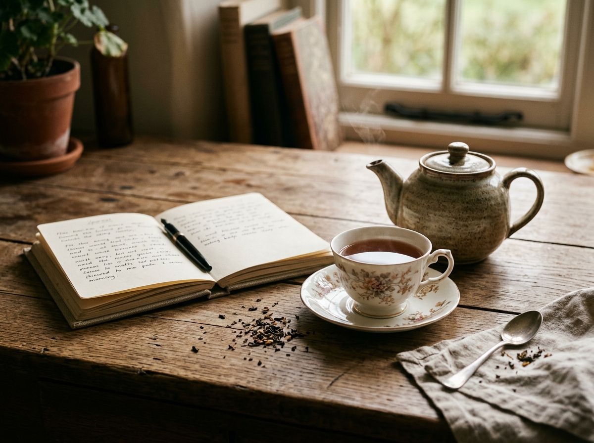 A cup of tea on a saucer, an open notebook with a pen, a stoneware teapot and scattered tea leaves on a wooden table by a window.