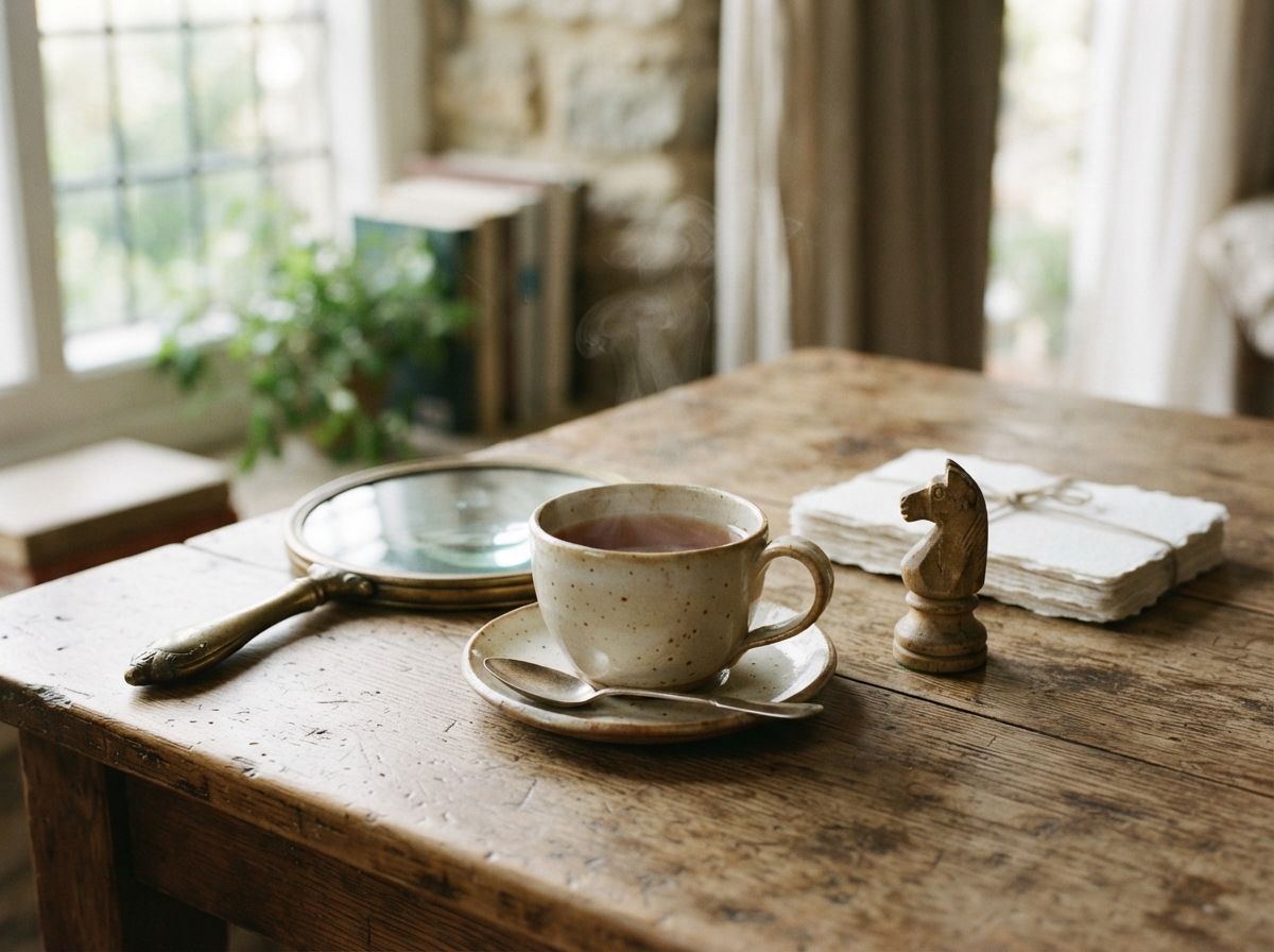 A china teacup and saucer with a magnifying glass, a wooden chess knight and a stack of handmade paper cards on a wooden table.