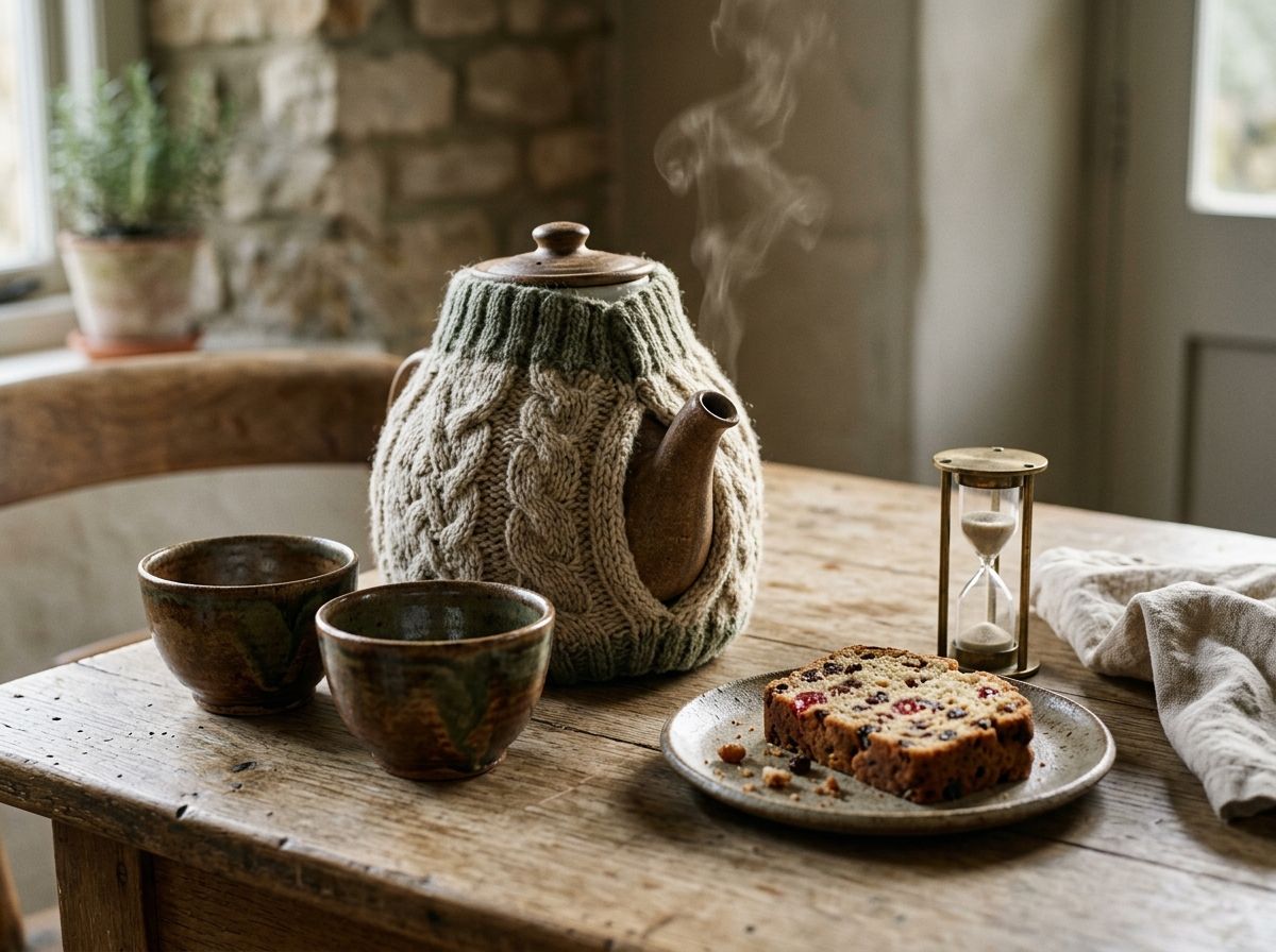 A teapot in a cable-knit cosy, two stoneware cups, a slice of fruit cake and a small hourglass on a wooden table by a window.