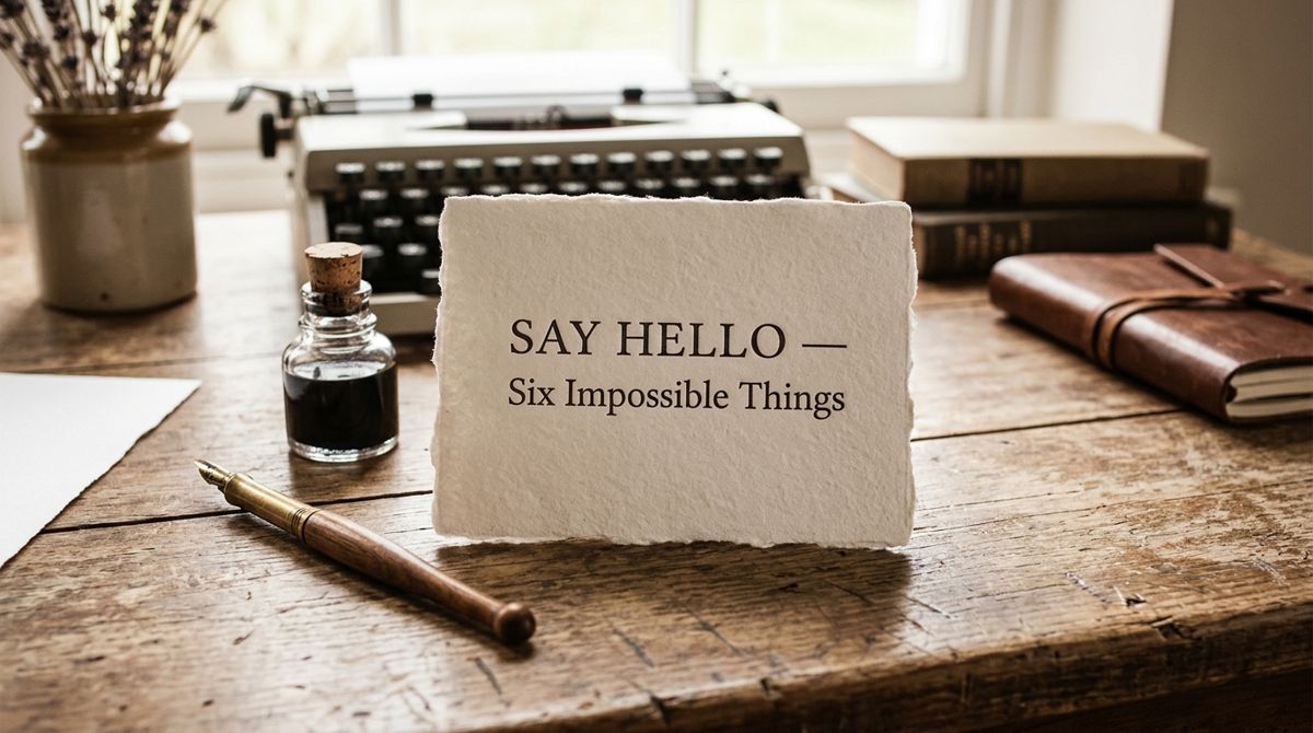 A vintage typewriter, a leather notebook, an ink bottle and a pen on a wooden desk, with a paper card in front that reads Say hello, Six Impossible Things.