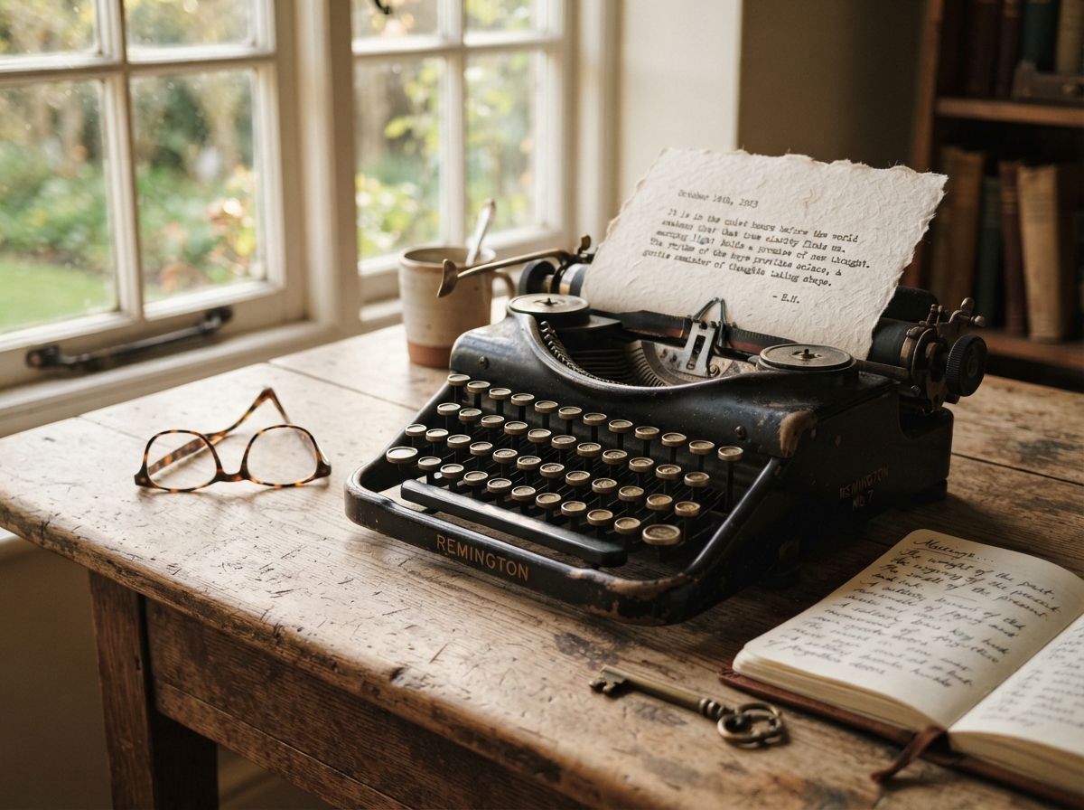 A black vintage typewriter with a sheet of paper in it, a pair of glasses, an old key and an open book on a desk by a window.